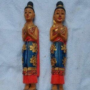 2 Vintage Hand Carved Wooden Asian Thai Girls Figurine
